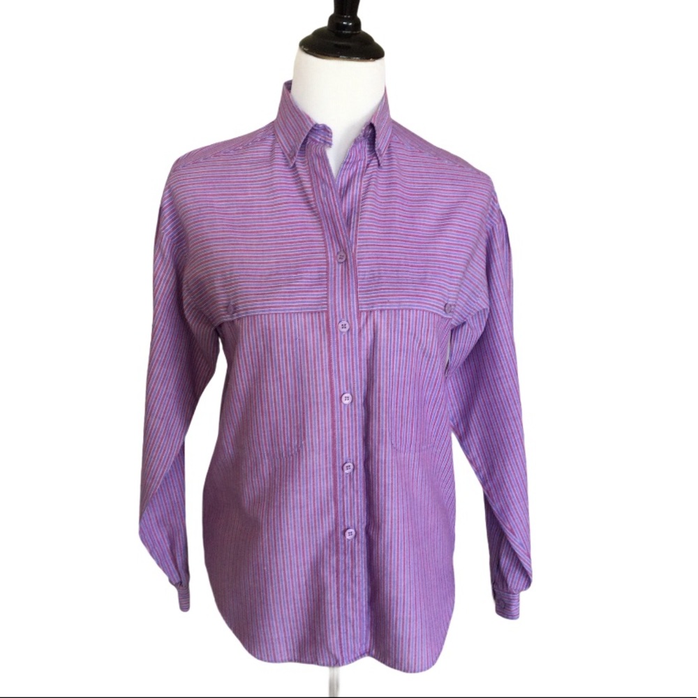 Vintage Sakowitz 80s Puff Sleeve Striped Button Down Shirt Purple 7